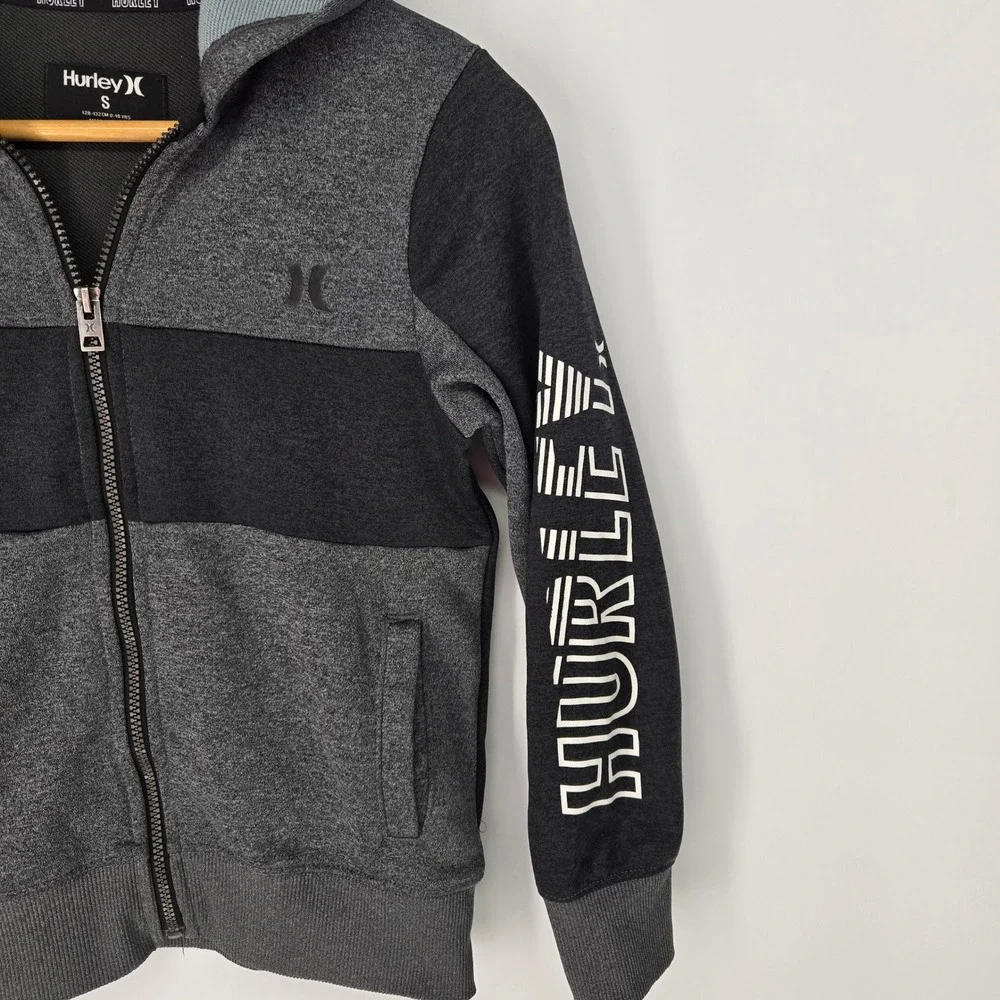 Hurley Full Zip Hoodie Boys Small 8-10 Gray Black H2O-DRI Sweatshirt Logo Sleeve